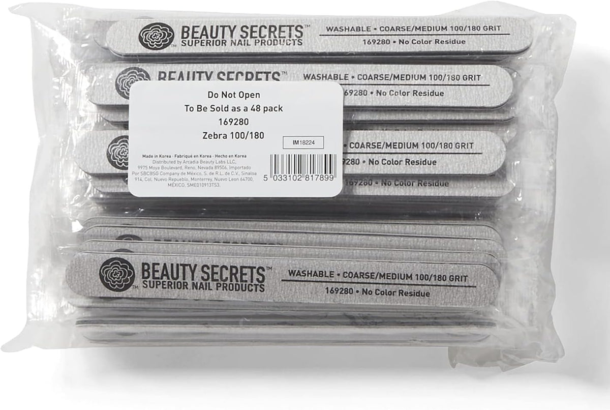 Beauty Secrets Zebra Cushion Nail File Medium/Coarse 180/100 Grit 48ct