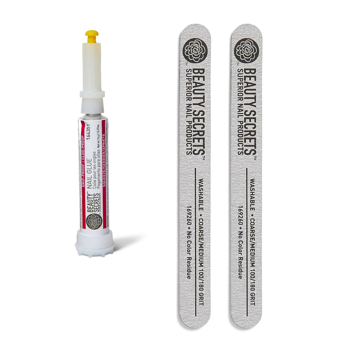 Beauty Secrets Drip & Clog Proof Nail Glue Bundled with Zebra Cushion Nail File Medium Coarse 180/100 Grit (2 Pack) by Beauty Secrets